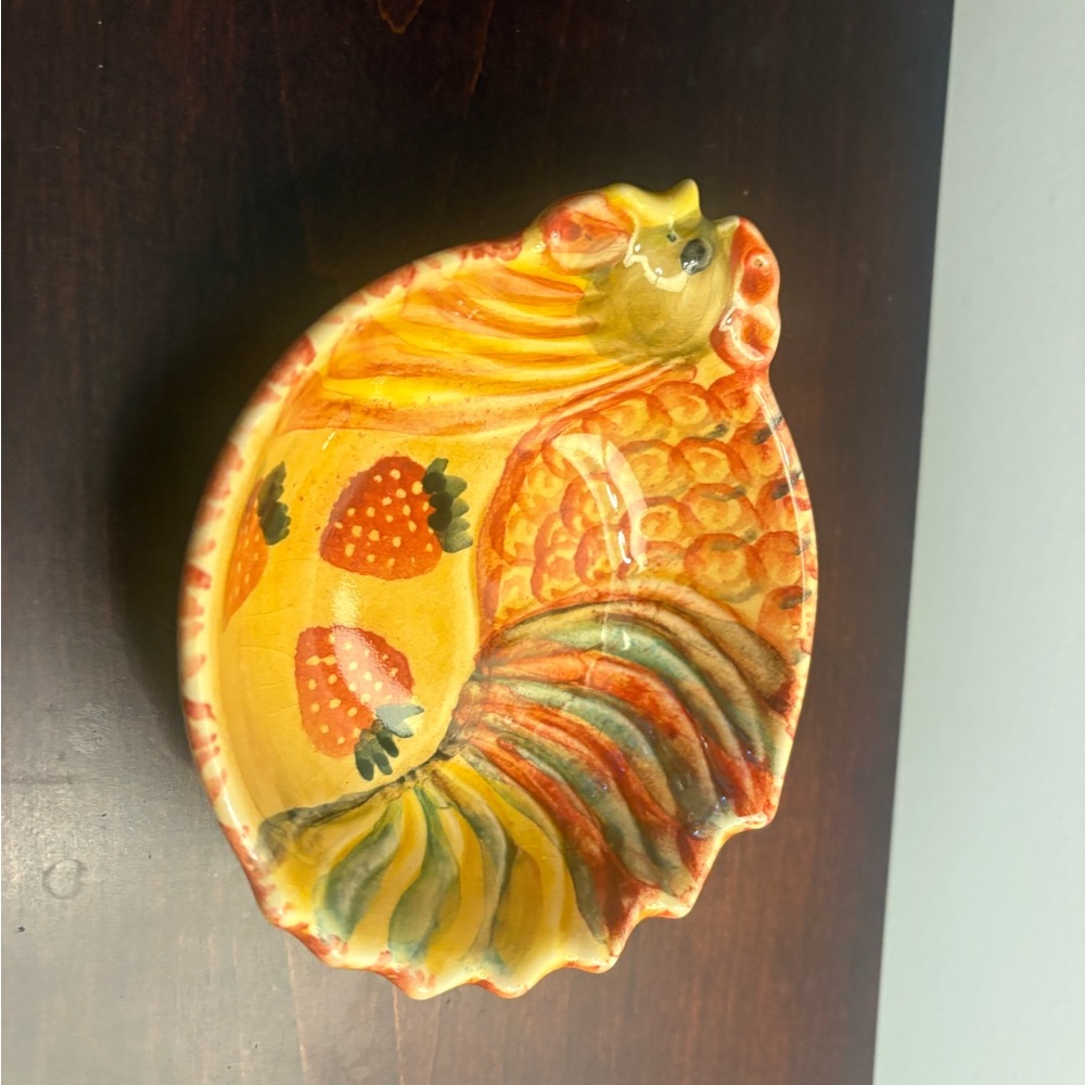 Vibrant Rooster Ceramic Dish by Source Unknown, 5 inches wide, ceramic